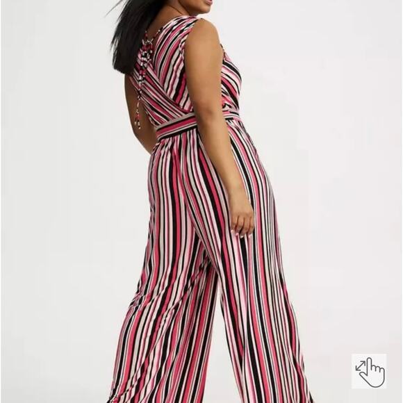 Torrid, NWT, Sz 00/Med/10 Studio Knit Surplice Tie Back Pink Stripe Jumpsuit - Picture 6 of 10